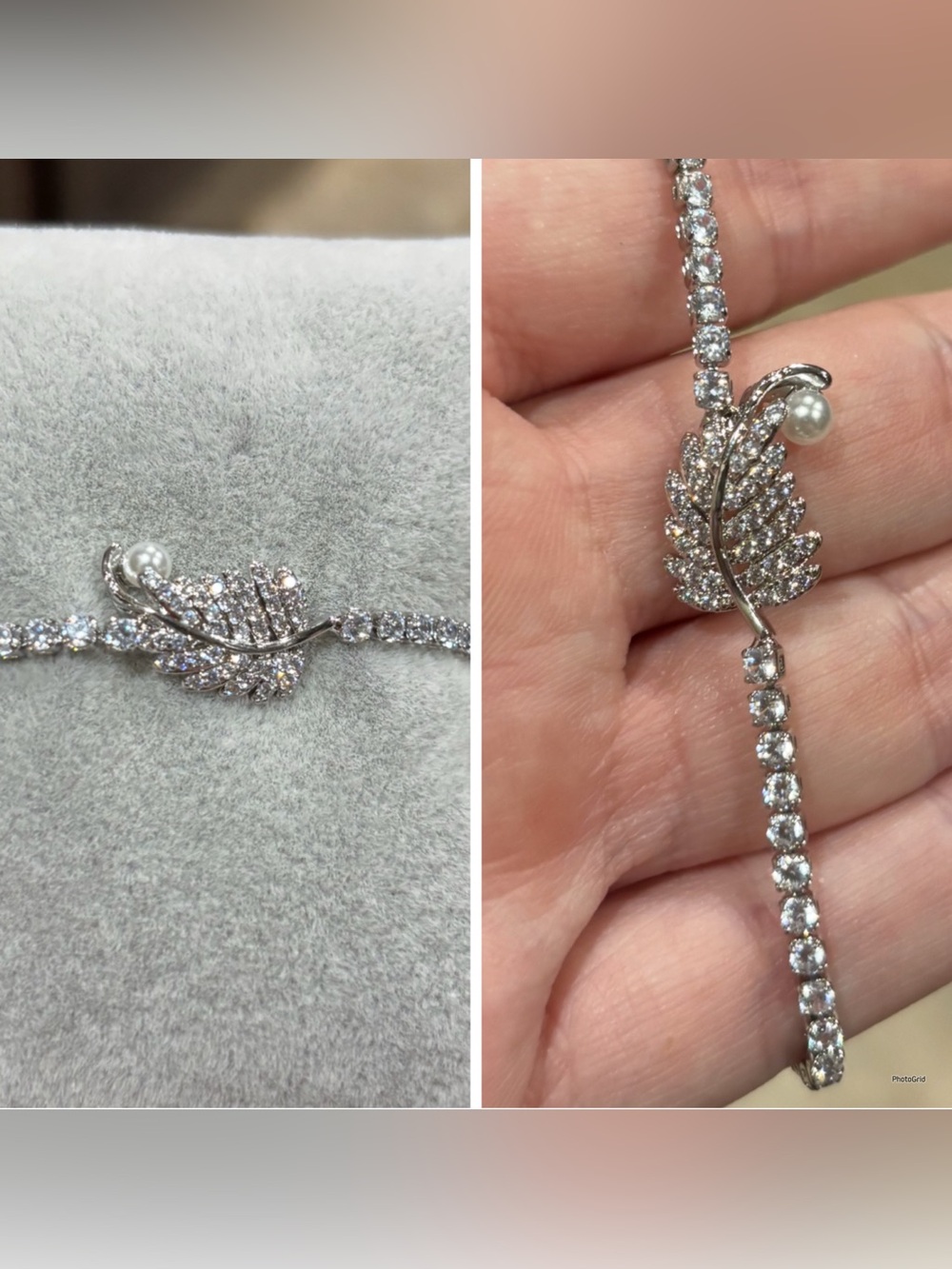 Silver Leaf Crystal Tennis Bracelet with Pearl Accent
